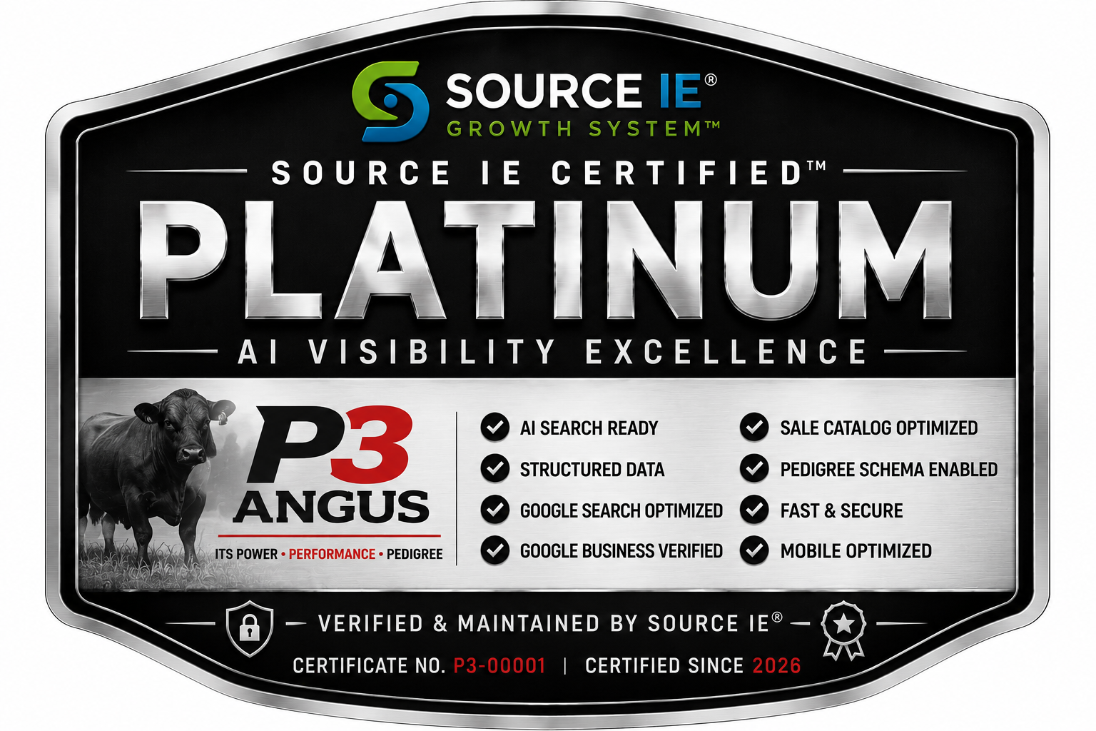 Source IE Certified Platinum — AI Visibility Excellence badge for P3 Angus